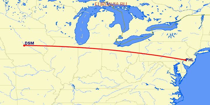 перелет Филадельфия — Des Moines на карте