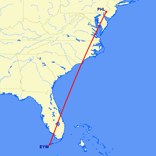 перелет Филадельфия — Ки Уэст на карте