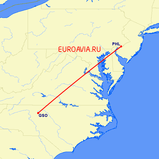 перелет Филадельфия — High Point на карте