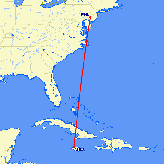 перелет Филадельфия — Монтего Бей на карте