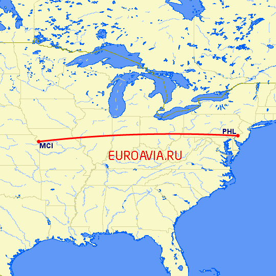 перелет Филадельфия — Канзас Сити на карте