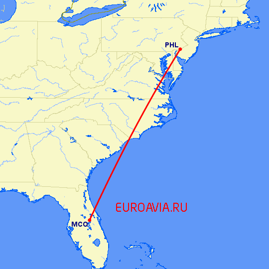 перелет Филадельфия — Орландо на карте