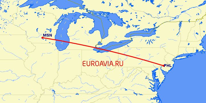 перелет Филадельфия — Madison на карте