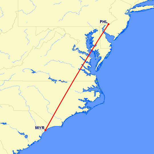перелет Филадельфия — Миртл Бич на карте