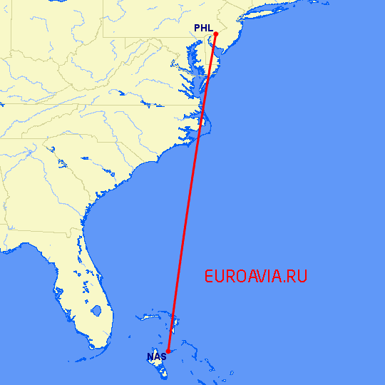 перелет Филадельфия — Нассау на карте