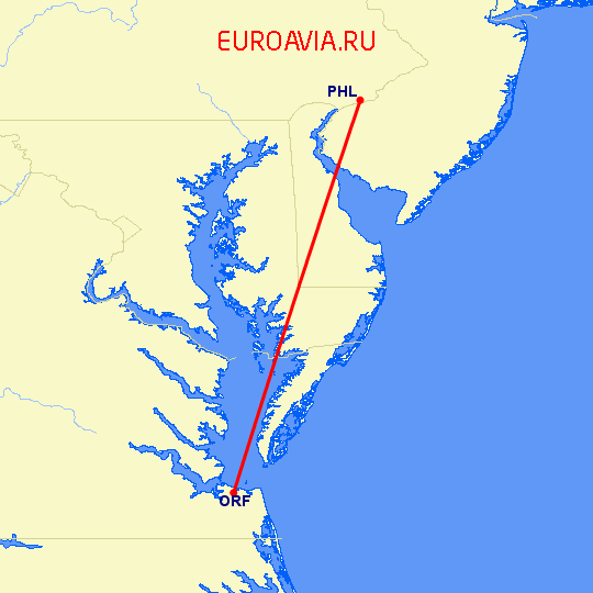 перелет Филадельфия — Норфолк на карте