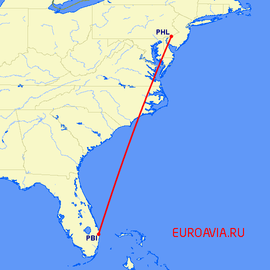 перелет Филадельфия — Уэст Палм Бич на карте