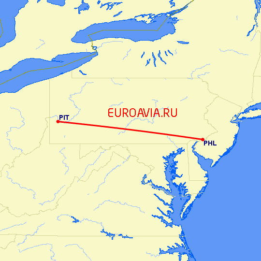 перелет Филадельфия — Питтсбург на карте
