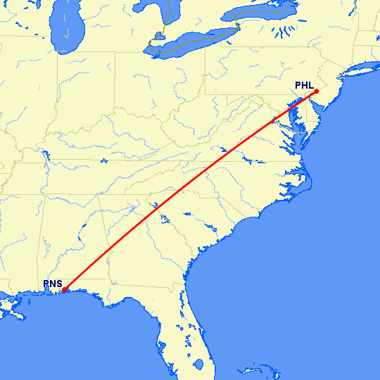 перелет Филадельфия — Pensacola на карте