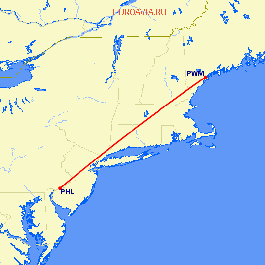 перелет Филадельфия — Портленд на карте