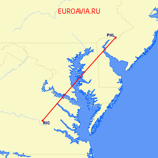 перелет Филадельфия — Ричмонд на карте