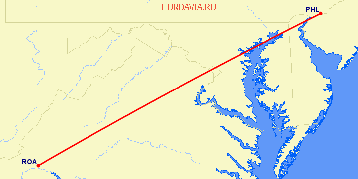 перелет Филадельфия — Roanoke на карте