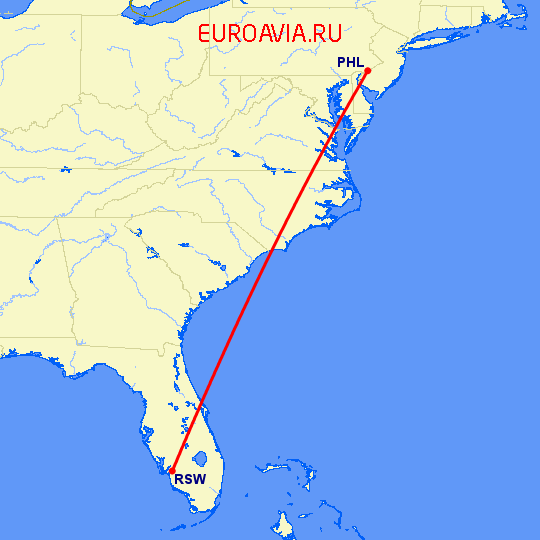 перелет Филадельфия — Форт Майерс на карте