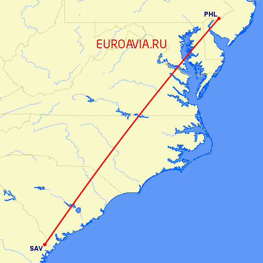 перелет Филадельфия — Саванна на карте