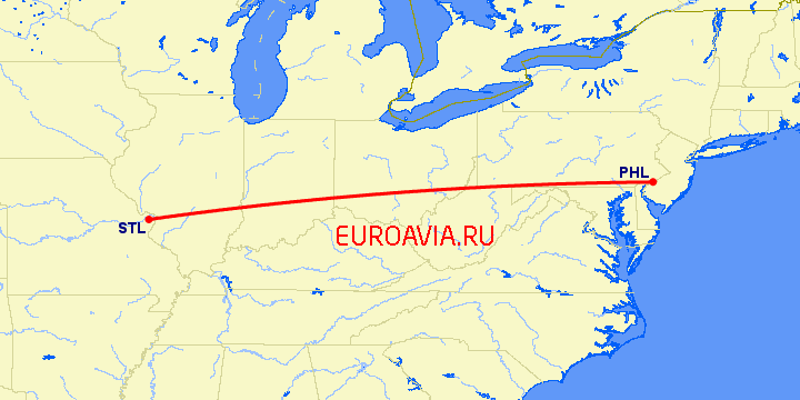 перелет Филадельфия — Сент Луис на карте