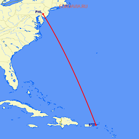 перелет Филадельфия — Charlotte Amalie St Thomas на карте