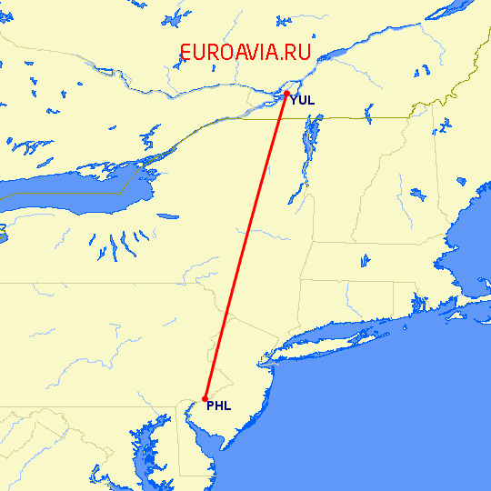 перелет Филадельфия — Монреаль на карте