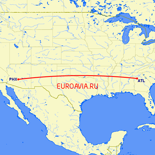 перелет Феникс — Атланта на карте