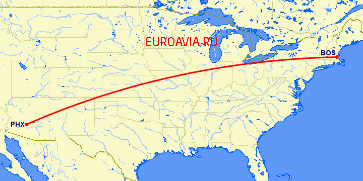 перелет Феникс — Бостон на карте