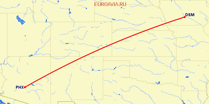 перелет Феникс — Des Moines на карте
