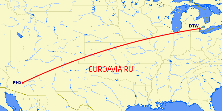 перелет Феникс — Детройт на карте