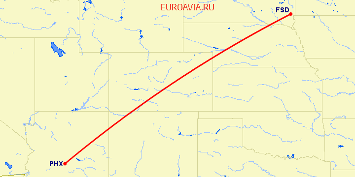 перелет Феникс — Sioux Falls на карте