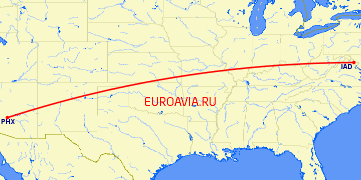 перелет Феникс — Вашингтон на карте