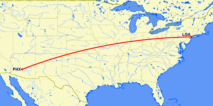 перелет Феникс — Нью Йорк на карте
