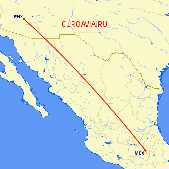 перелет Феникс — Мексико Сити на карте