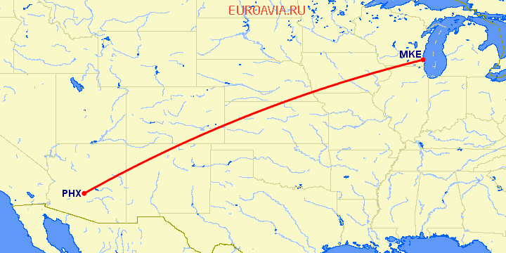 перелет Феникс — Милуоки на карте