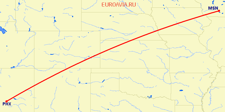 перелет Феникс — Madison на карте