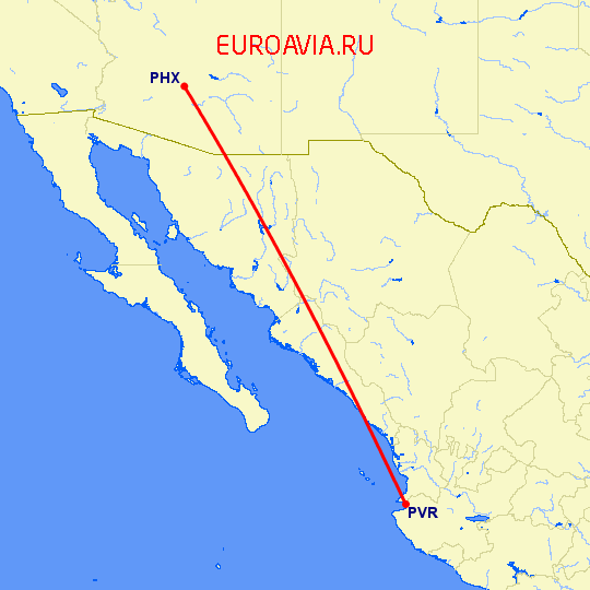 перелет Феникс — Пуэрто Ваярта на карте