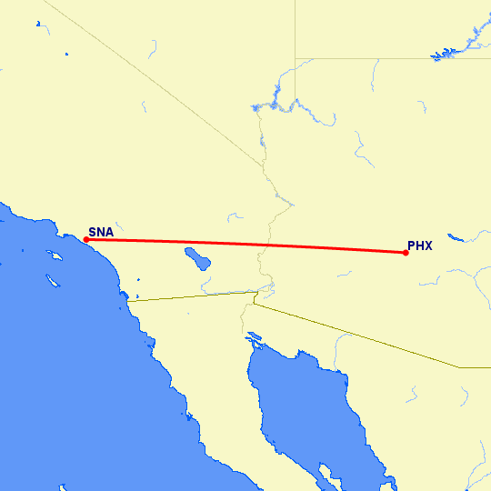 перелет Феникс — Санта Ана на карте