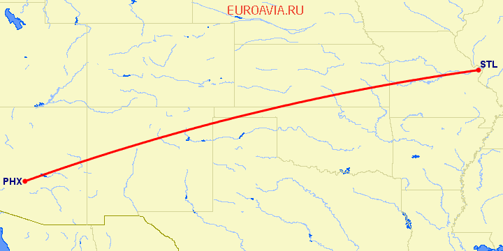 перелет Феникс — Сент Луис на карте