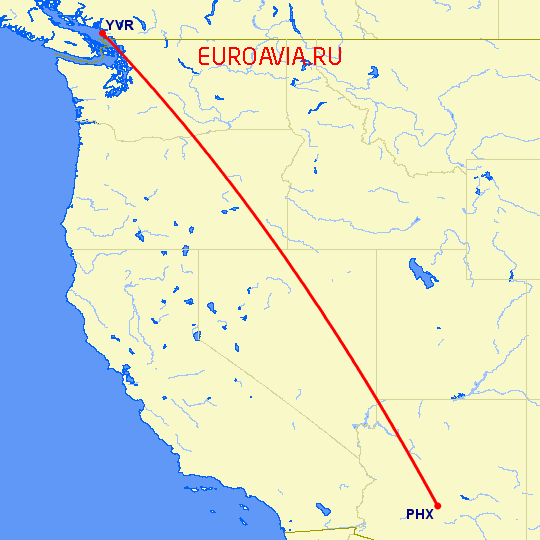 перелет Феникс — Ванкувер на карте