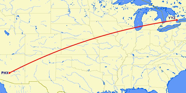 перелет Феникс — Торонто на карте