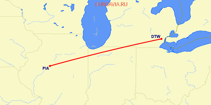 перелет Пеория — Детройт на карте