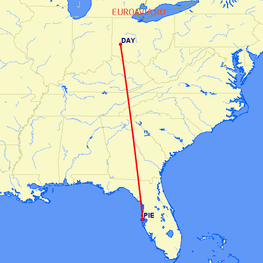 перелет Клируотер — Дейтон на карте