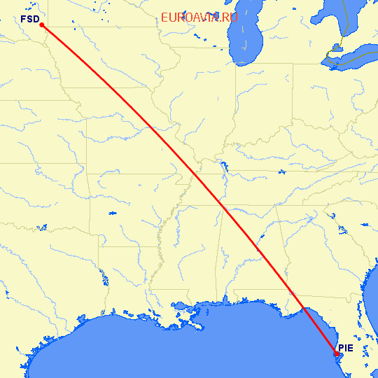 перелет Клируотер — Sioux Falls на карте