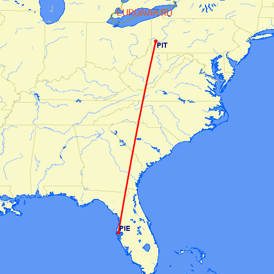 перелет Клируотер — Питтсбург на карте
