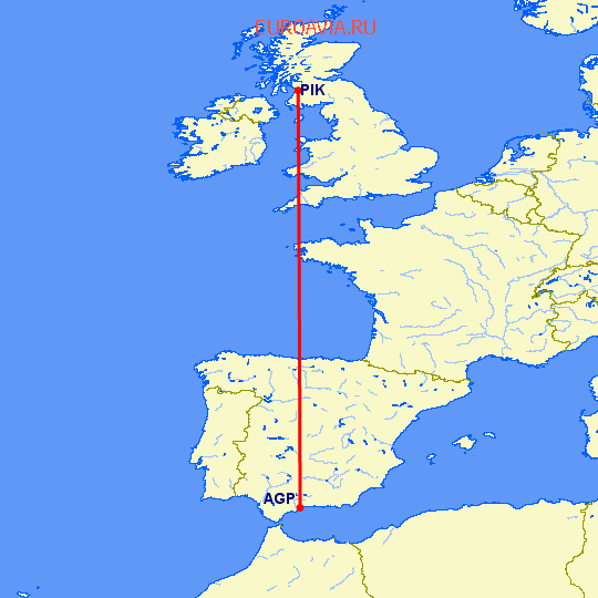 перелет Глазго — Малага на карте
