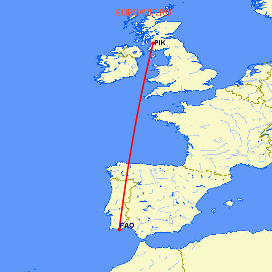 перелет Глазго — Фару на карте