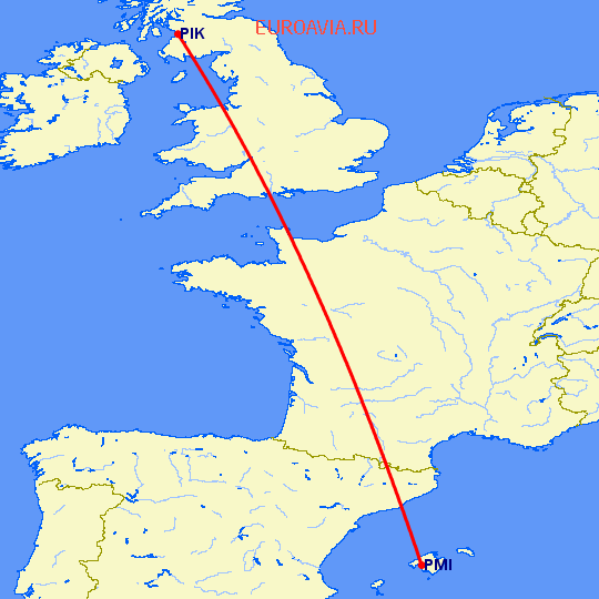 перелет Глазго — Пальма де Майорка на карте