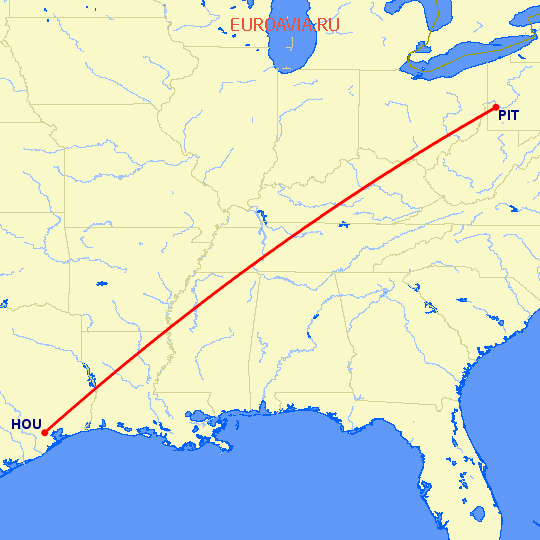 перелет Питтсбург — Хьюстон на карте