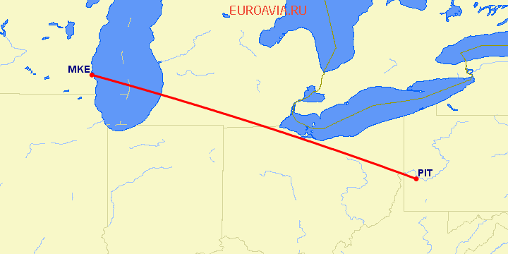 перелет Питтсбург — Милуоки на карте