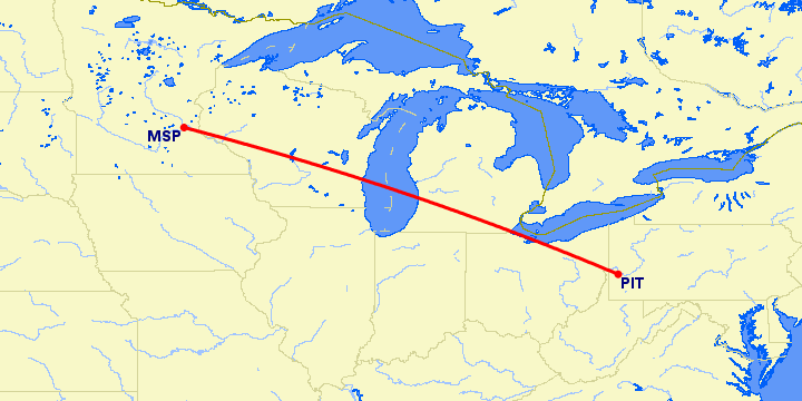 перелет Питтсбург — Миннеаполис на карте