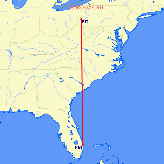 перелет Питтсбург — Уэст Палм Бич на карте