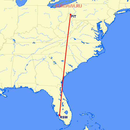 перелет Питтсбург — Форт Майерс на карте