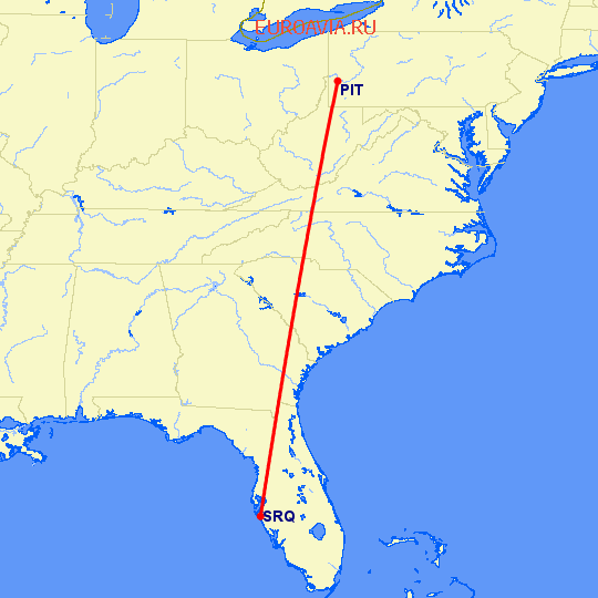 перелет Питтсбург — Сарасота на карте