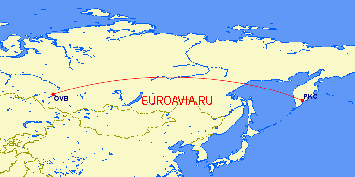 перелет Петропавловск Камчатский — Новосибирск на карте
